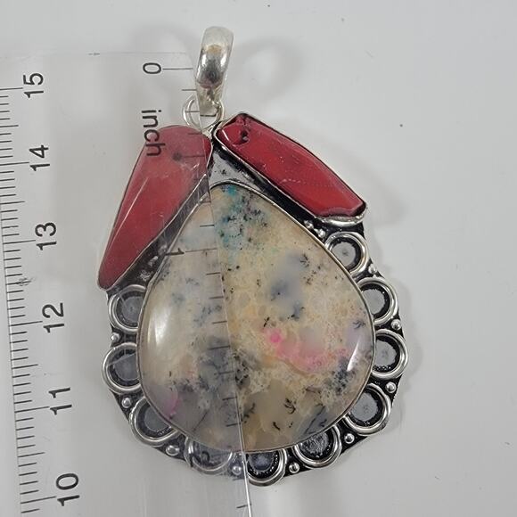 Handmade Silver Pendant – Dendritic Opal & Red Jasper + 20" Silver Snake Chain - Picture 3 of 9